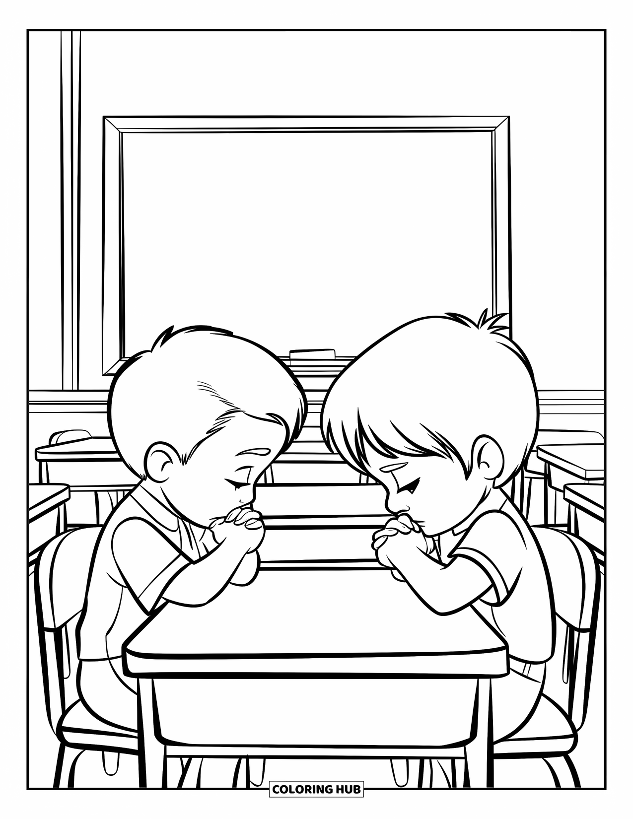 Prayer Coloring Page for Kids: Two children share a quiet prayer together before school