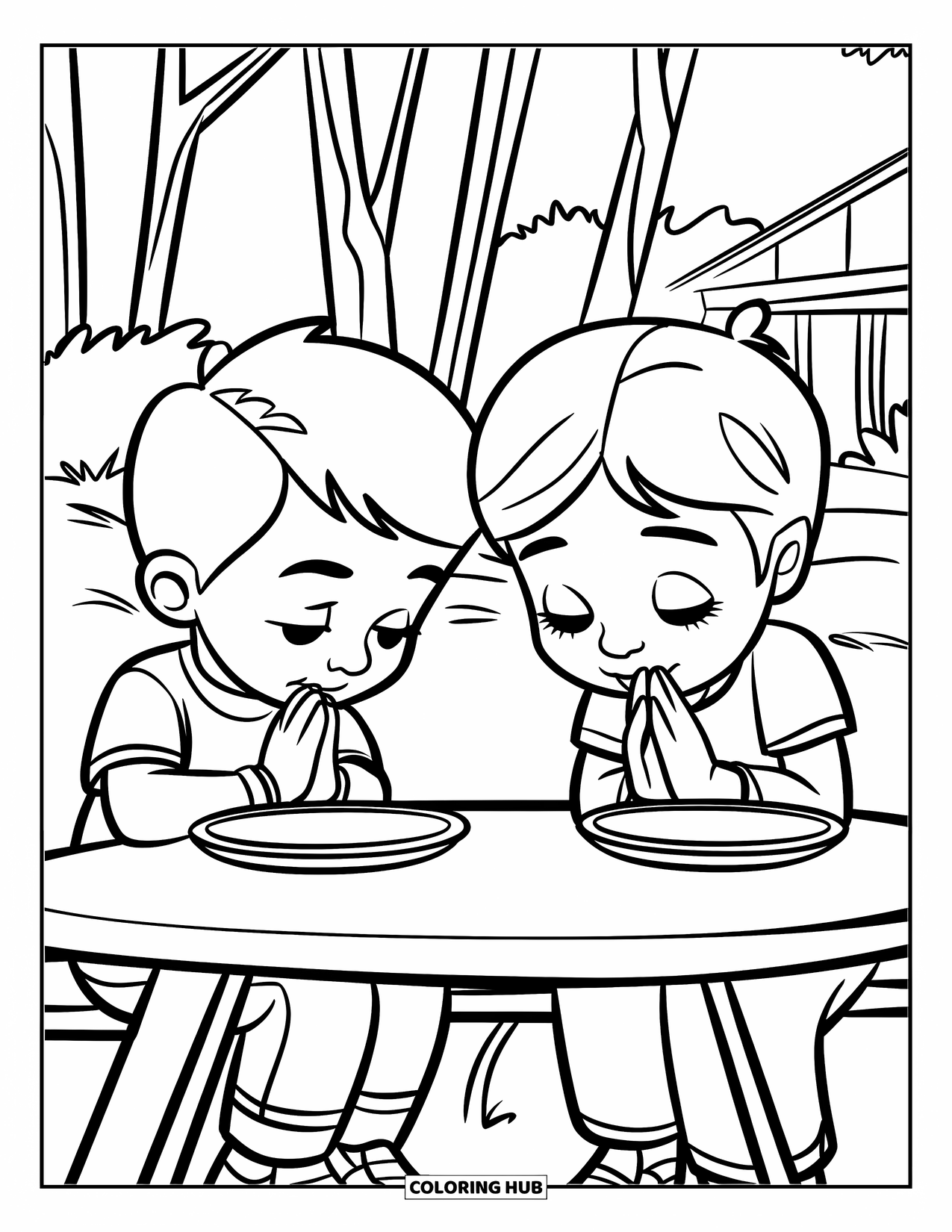Prayer Coloring Page for Kids: Two kids pray together at a picnic table outdoors