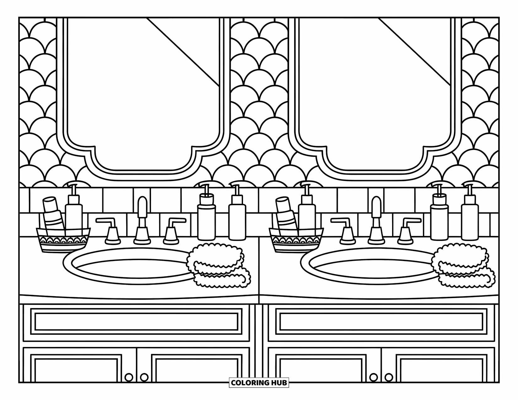 Preppy Skincare Coloring Page for Adults: A charming vanity setup with matching sinks, mirrors, and adorable skincare decor