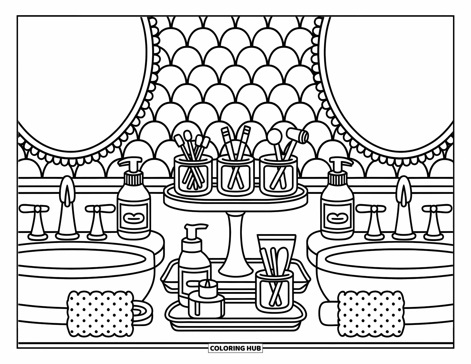 Preppy Skincare Coloring Page for Adults: A cozy vanity with two sinks, fluffy towels, and delicate preppy details