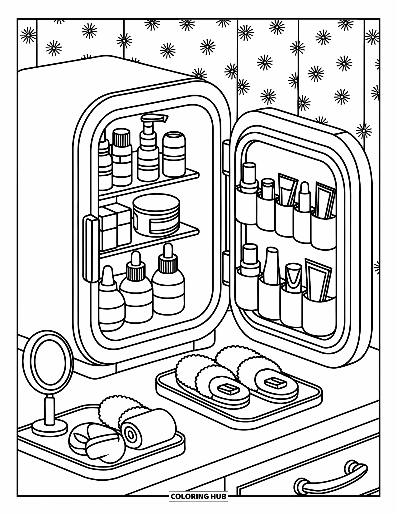 Preppy Skincare Coloring Page for Adults: A kawaii mini fridge surrounded by slippers, a mirror, and a soft towel