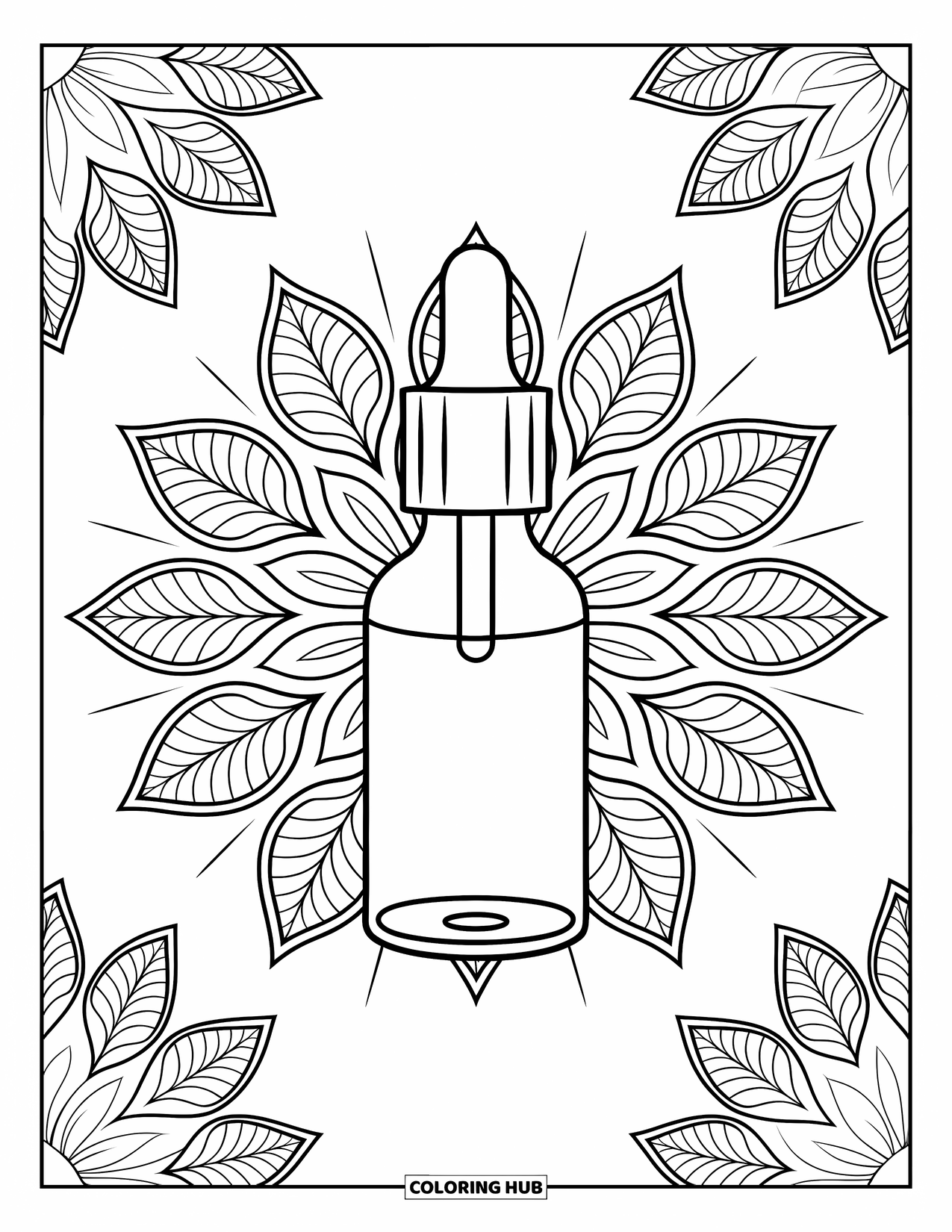 Preppy Skincare Coloring Page for Adults: A preppy dropper bottle within elegant leaf patterns