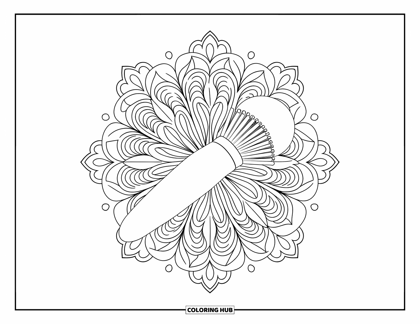 Preppy Skincare Coloring Page for Adults: A preppy skincare brush centered in a detailed floral mandala