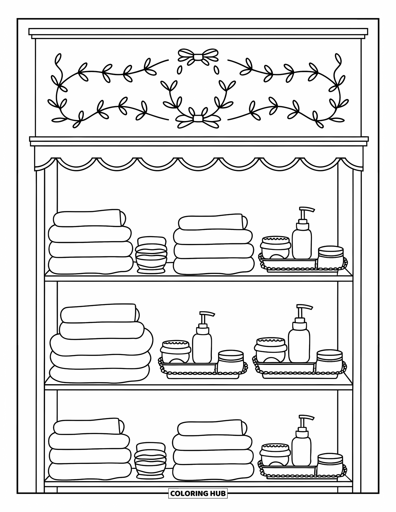 Preppy Skincare Coloring Page for Adults: A preppy towel shelf stacked with jars, creams, and cute storage trays