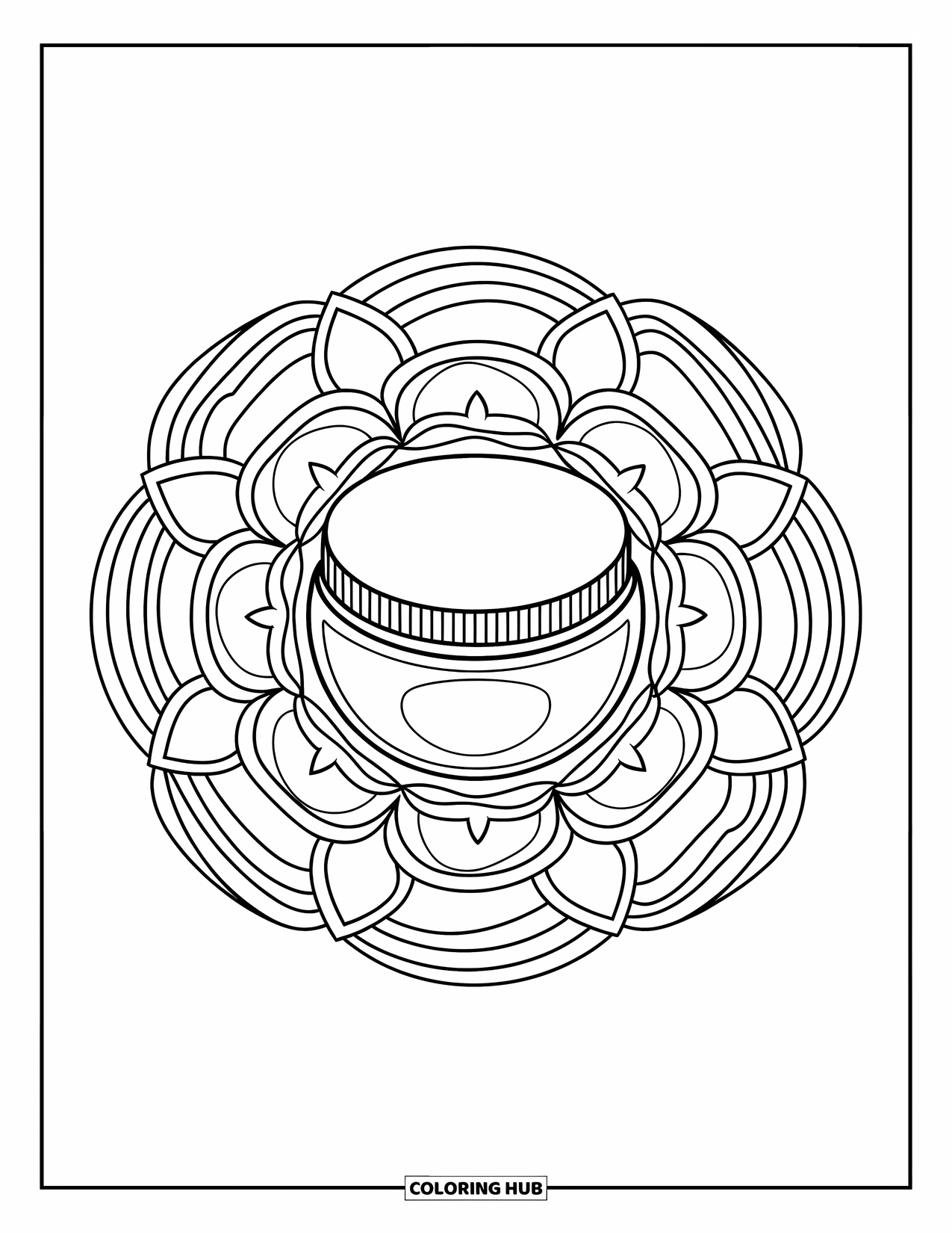 Preppy Skincare Coloring Page for Adults: A rose-shaped mandala with a face mask jar in the center