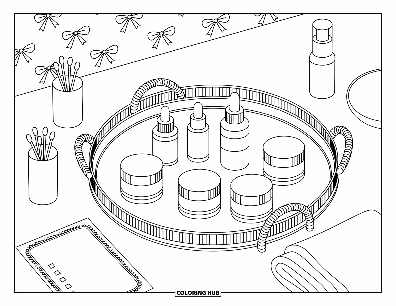Preppy Skincare Coloring Page for Adults: A round mirror tray with skincare bottles, soft towels, and a preppy bow pattern