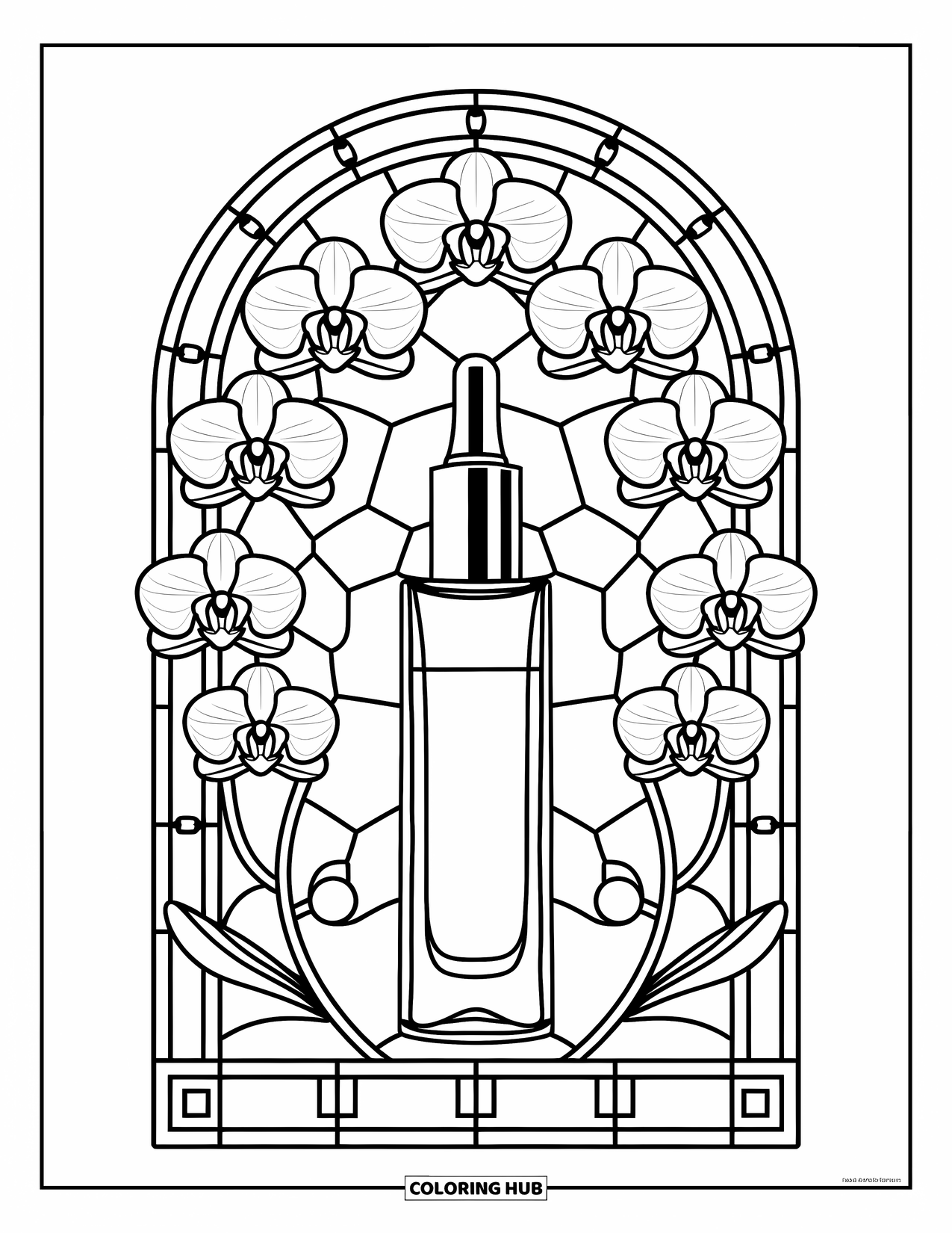Preppy Skincare Coloring Page for Adults: A sleek serum bottle within a graceful orchid arch