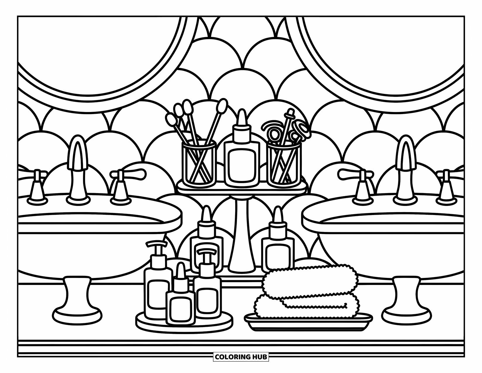 Preppy Skincare Coloring Page for Adults: A sweet bathroom scene with two sinks, soft towels, and skincare neatly arranged
