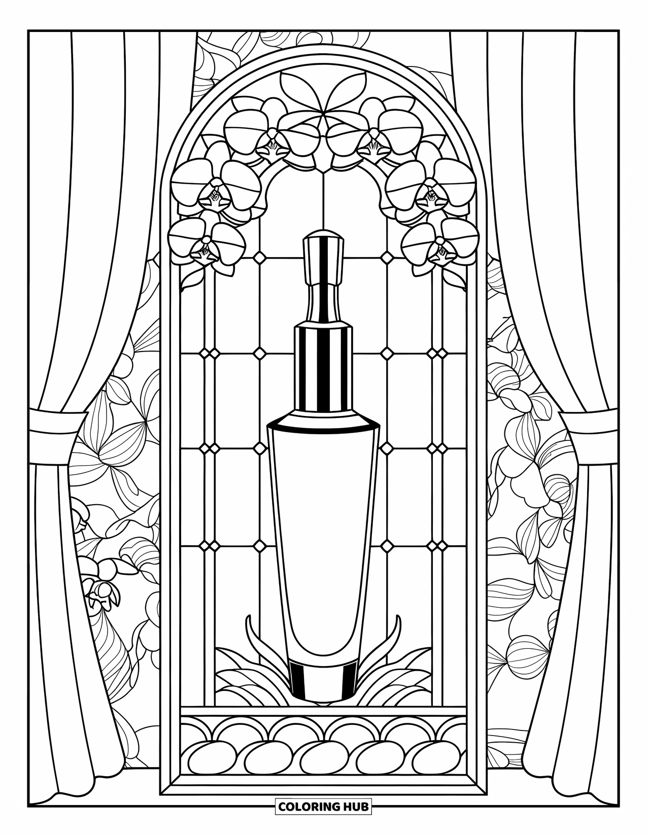 Preppy Skincare Coloring Page for Adults: A tall serum bottle standing inside an elegant stained glass frame