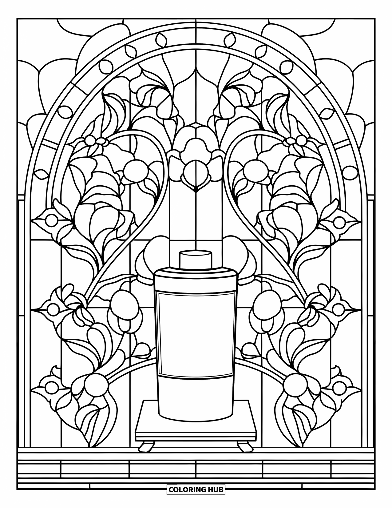 Preppy Skincare Coloring Page for Adults: A toner bottle standing inside a floral stained glass frame
