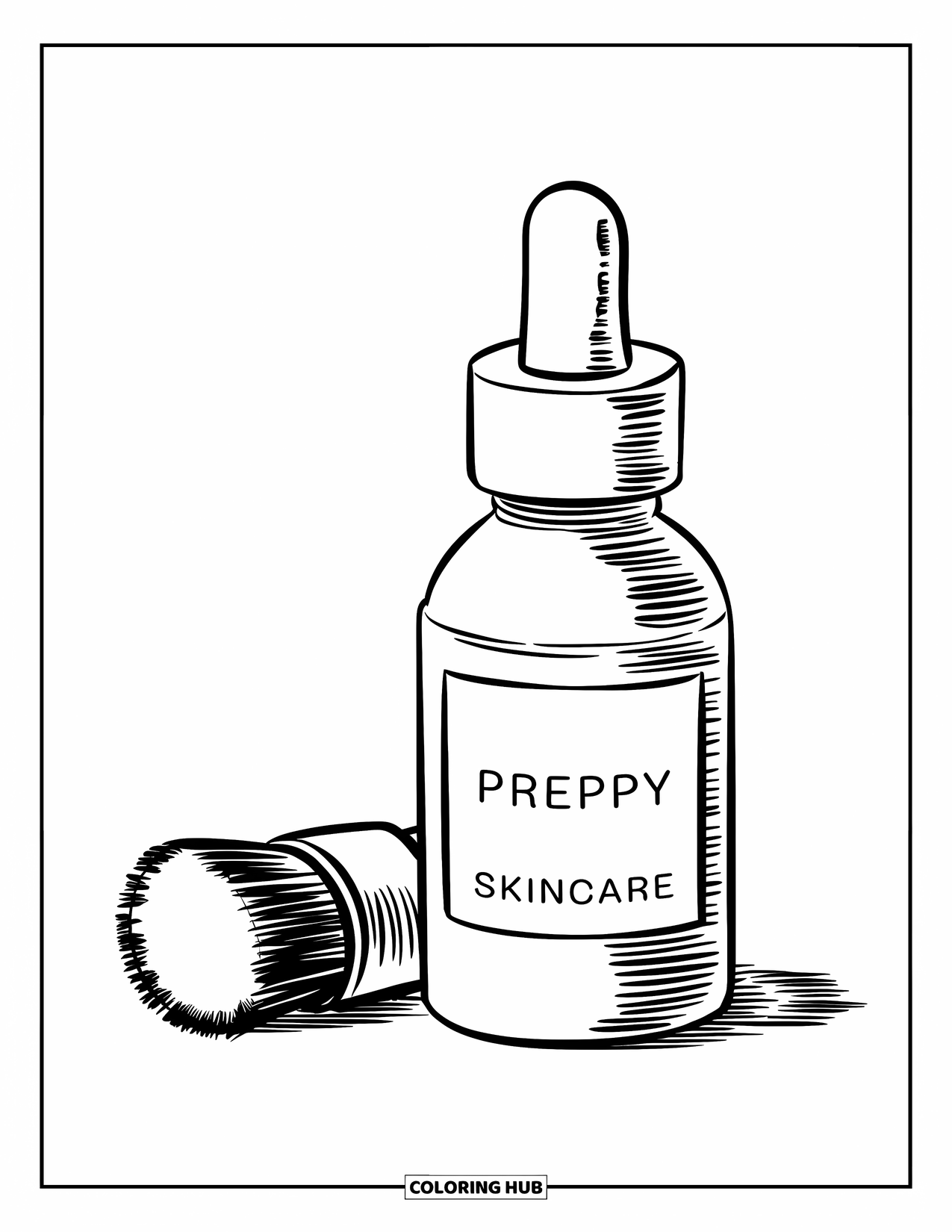 Preppy Skincare Coloring Page for Kids: A cheerful skincare dropper bottle next to a little brush