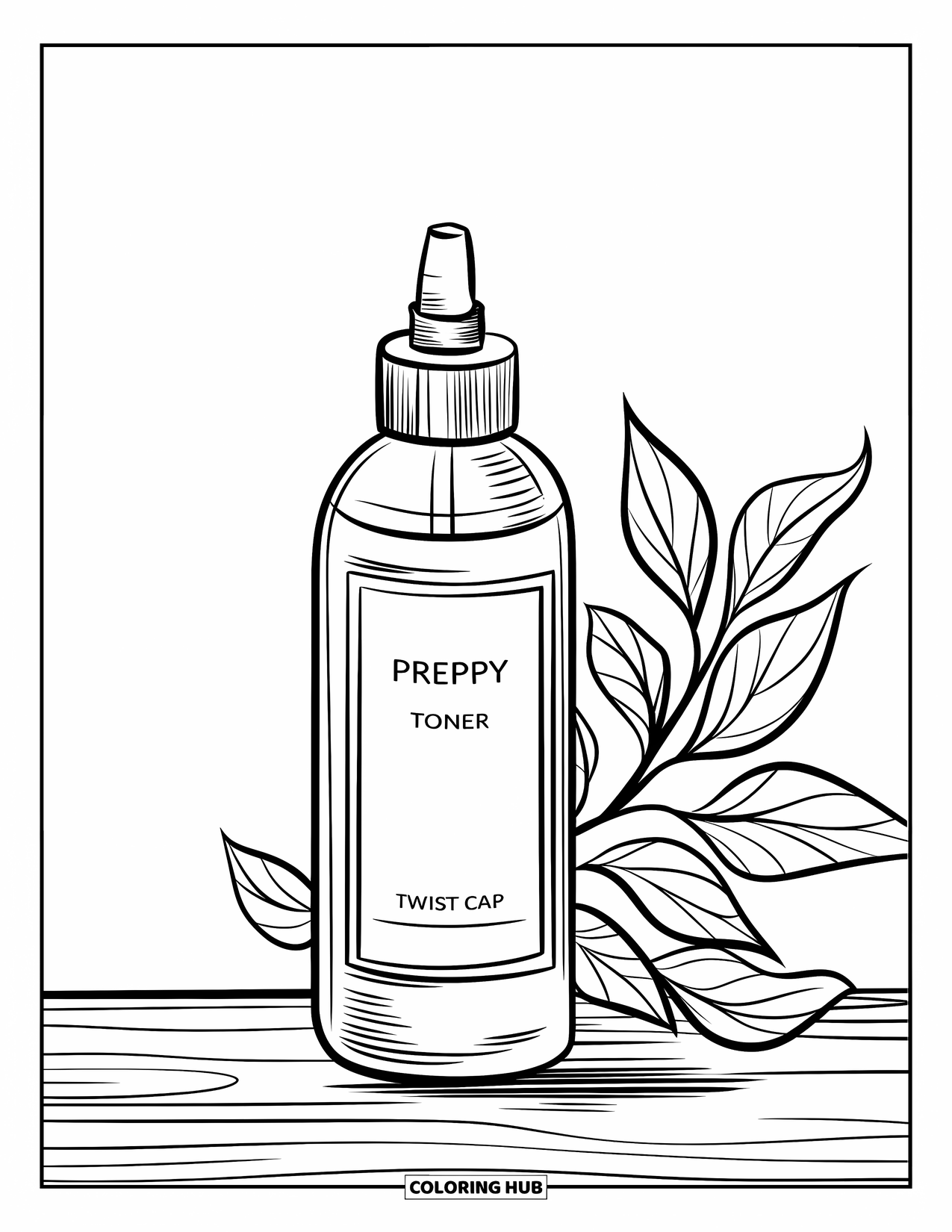 Preppy Skincare Coloring Page for Kids: A cheerful toner bottle on a wooden surface with leaves nearby
