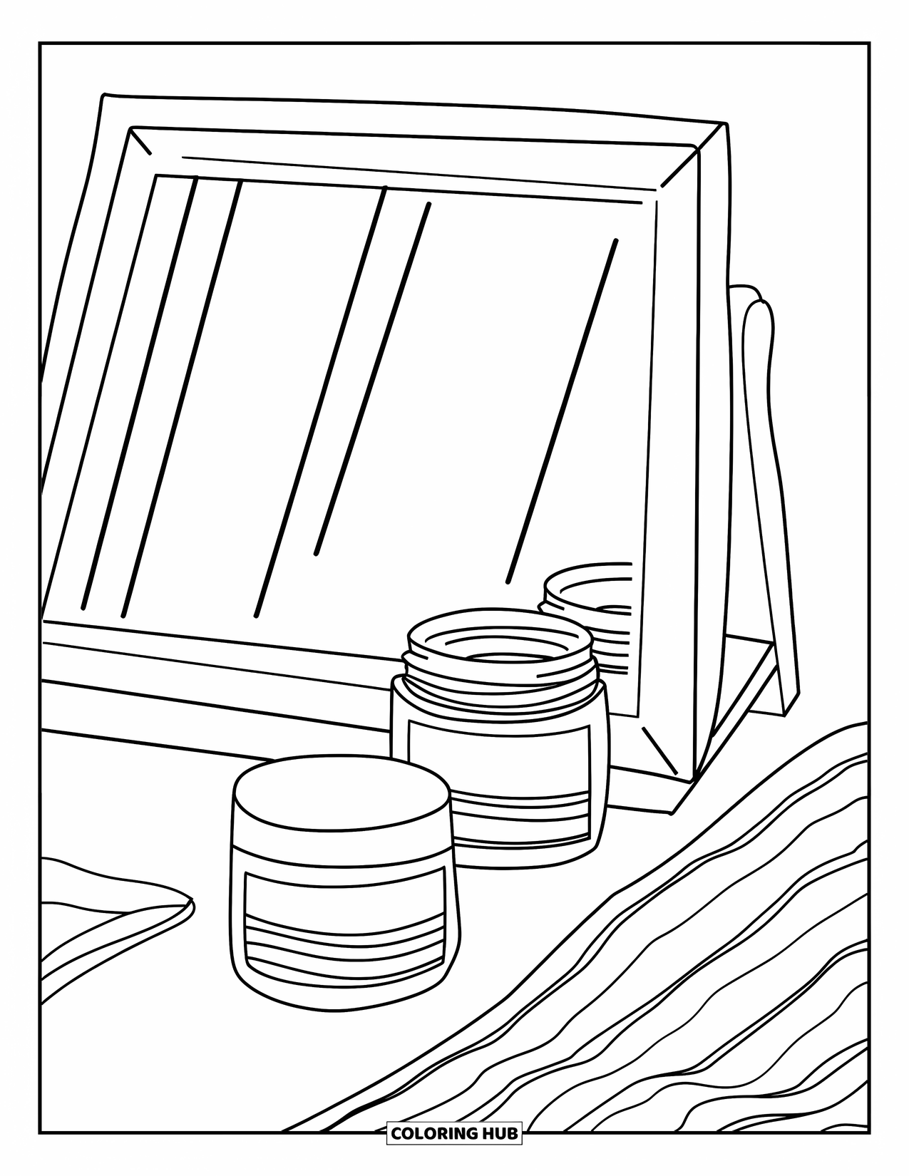 Preppy Skincare Coloring Page for Kids: A clean vanity mirror beside a jar of cream and a soft towel