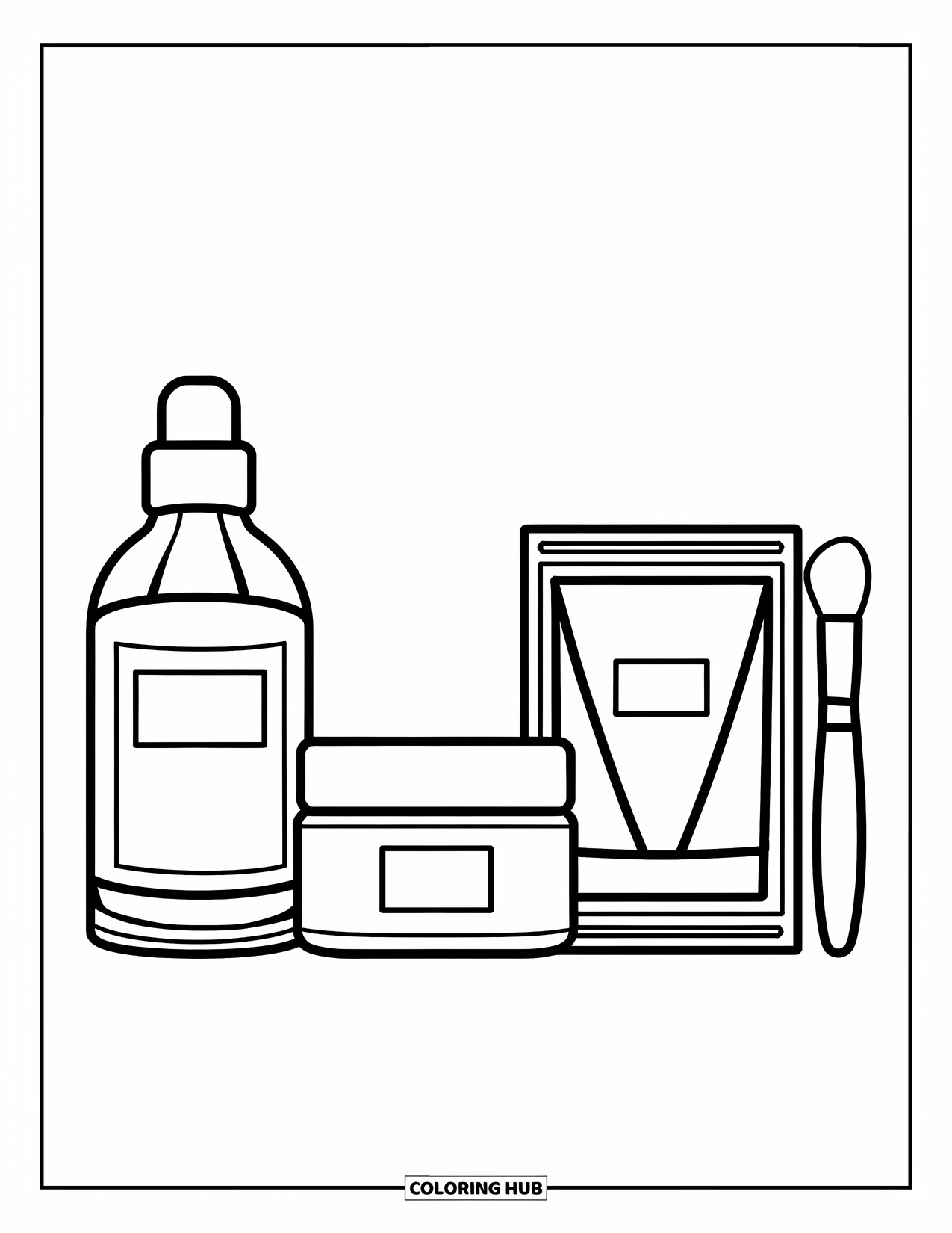 Preppy Skincare Coloring Page for Kids: A cute skincare routine layout with cream, toner, and brush