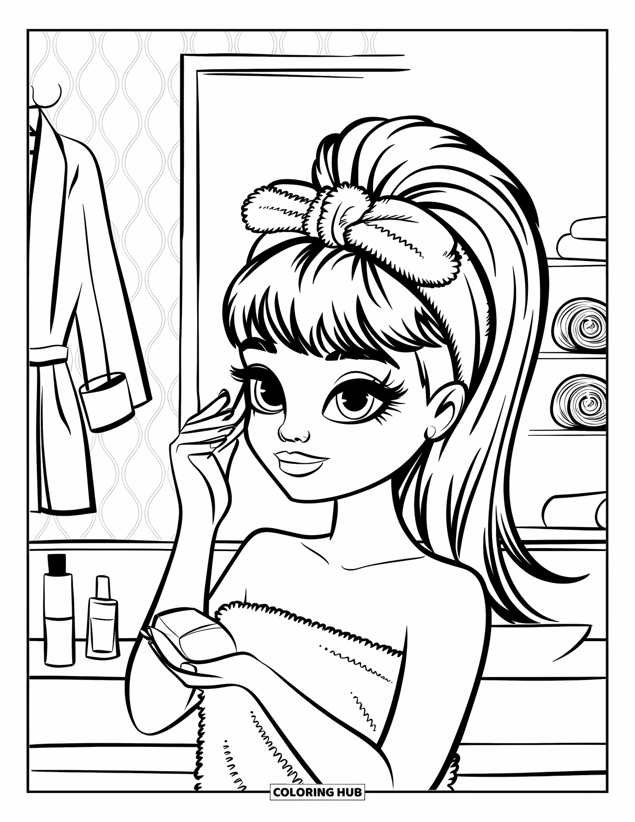 Preppy Skincare Coloring Page for Kids: A girl uses a cotton pad to apply toner by her organized vanity