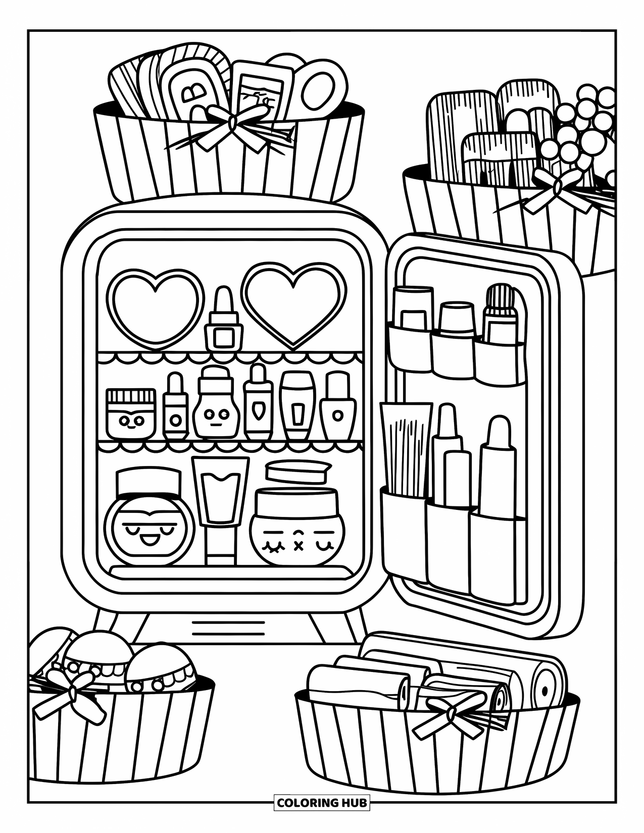 Preppy Skincare Coloring Page for Kids: A mini fridge of skincare goodies surrounded by pretty accessories