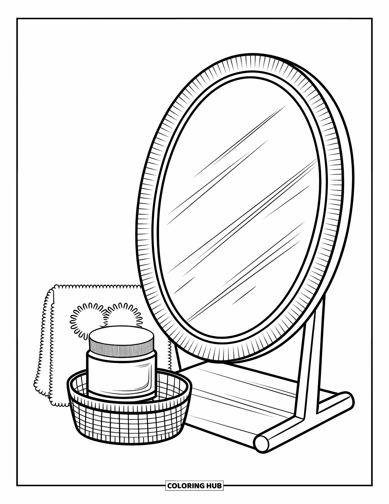 Preppy Skincare Coloring Page for Kids: A mirror and cream jar beside a tidy towel basket
