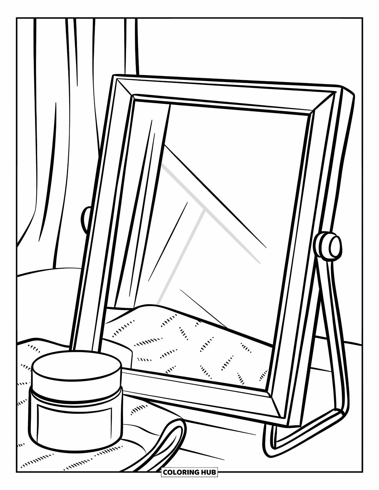 Preppy Skincare Coloring Page for Kids: A mirror and towel setup perfect for a skincare-themed design