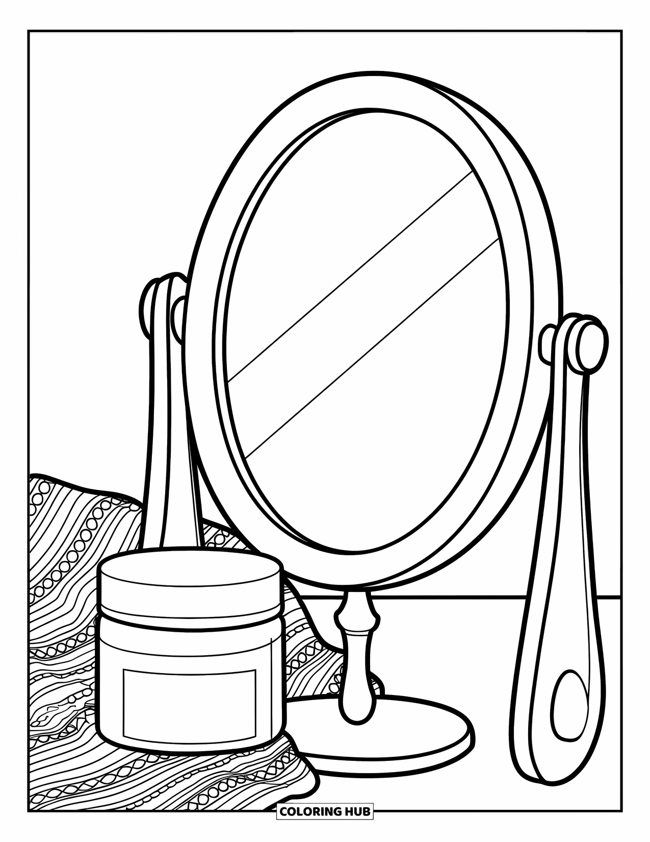 Preppy Skincare Coloring Page for Kids: A mirror with a face cream jar and a folded towel beside it