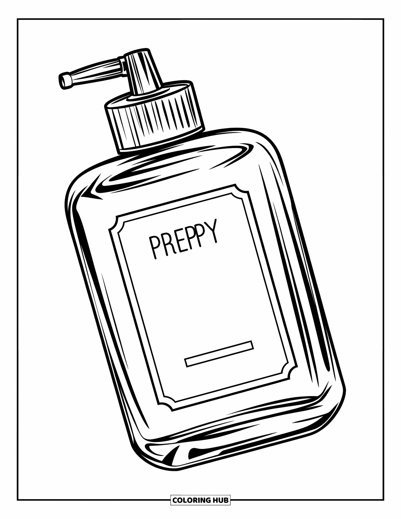 Preppy Skincare Coloring Page for Kids: A neat toner bottle with clean lines and preppy details
