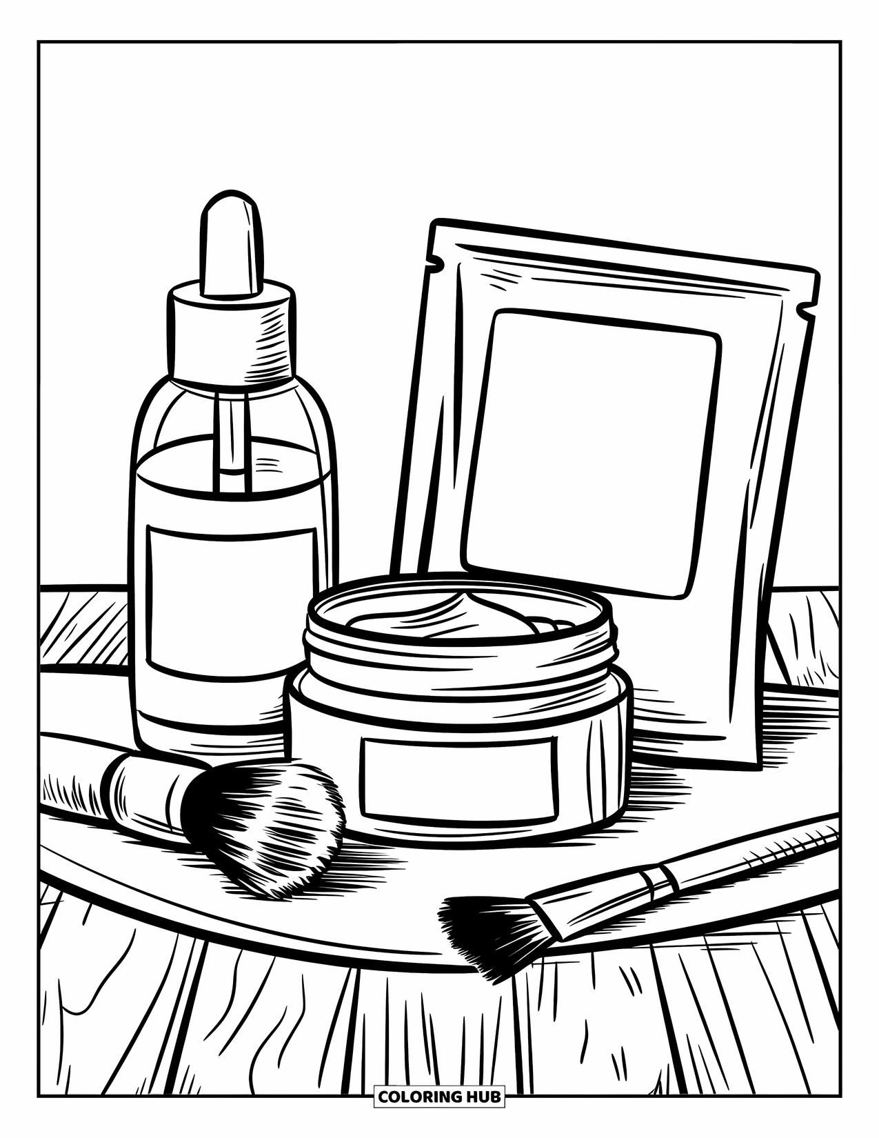 Preppy Skincare Coloring Page for Kids: A preppy skincare setup with cream, toner, and mask tools