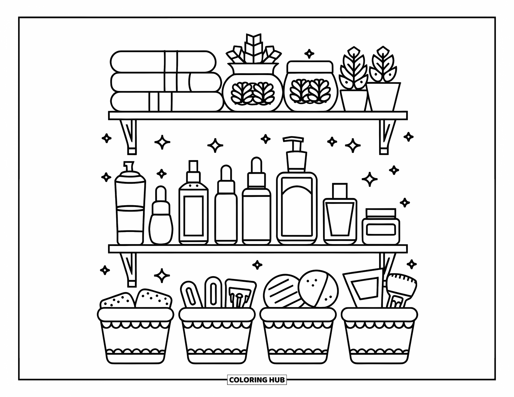 Preppy Skincare Coloring Page for Kids: A pretty shelf display with skincare, towels, and delicate details