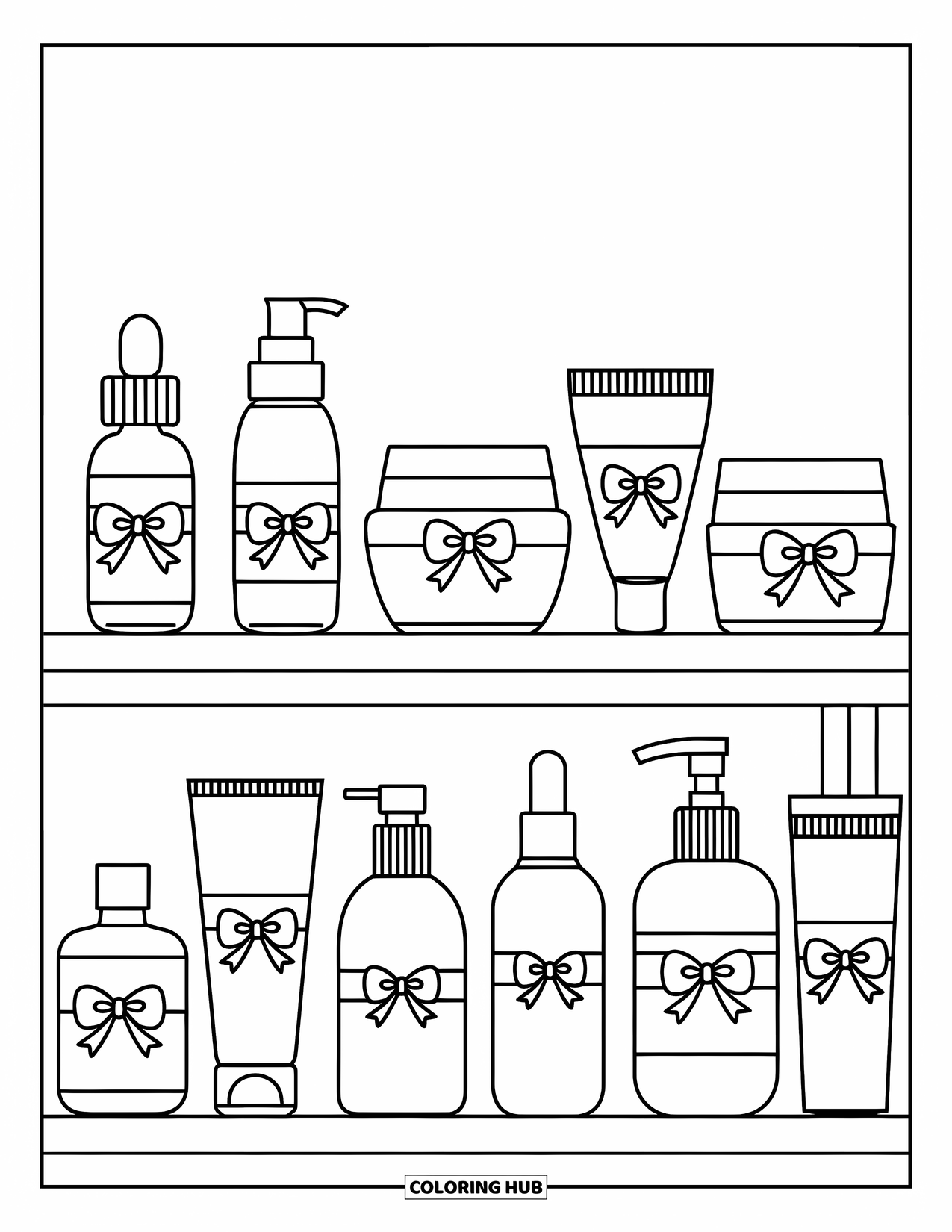 Preppy Skincare Coloring Page for Kids: A pretty skincare shelf with bottles tied with small bows