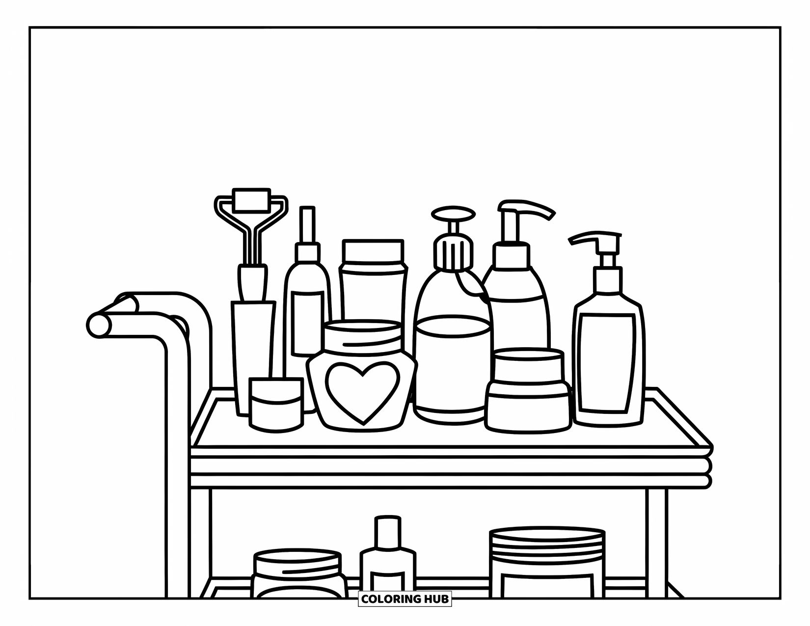 Preppy Skincare Coloring Page for Kids: A rolling vanity cart filled with skincare jars and pump bottles