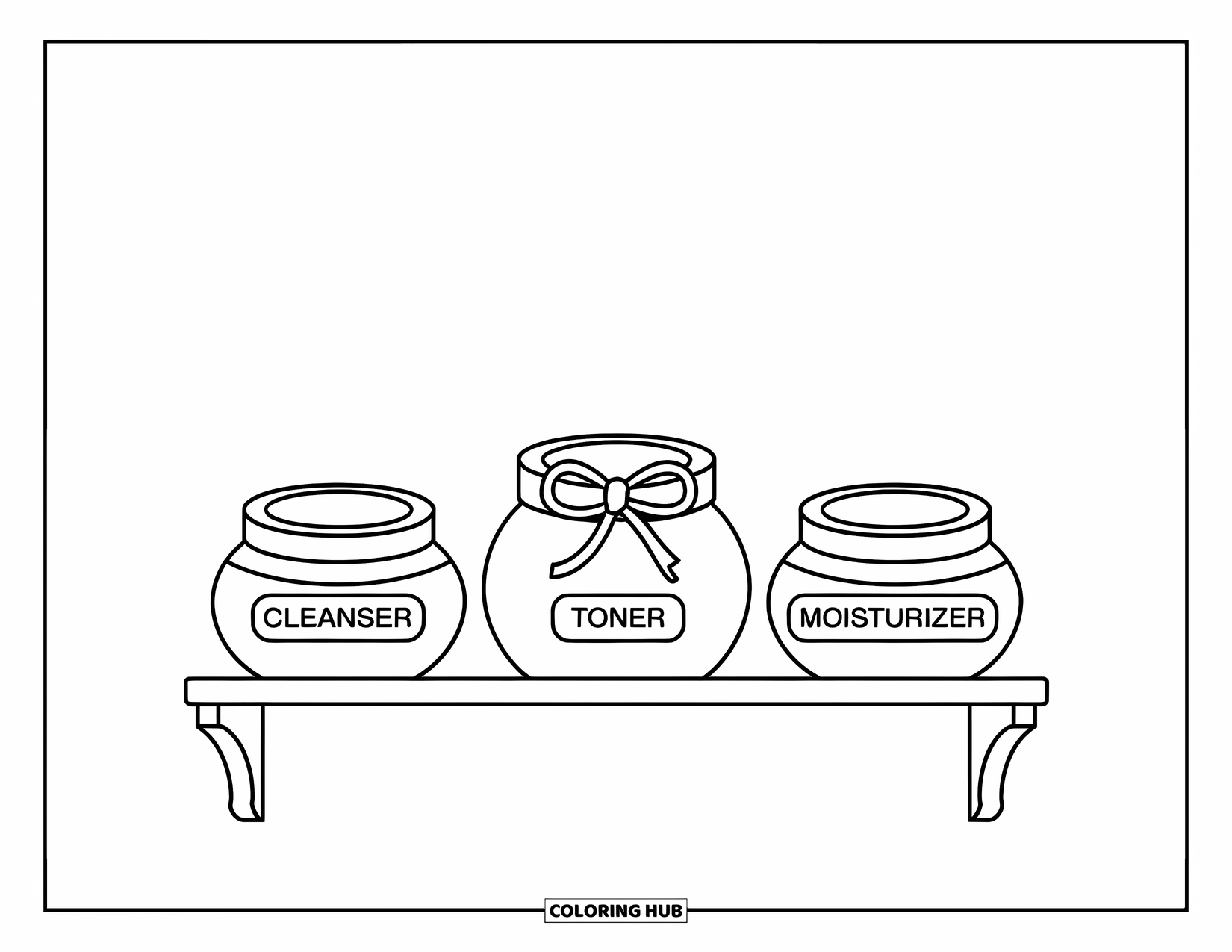 Preppy Skincare Coloring Page for Kids: A shelf with skincare jars labeled cleanser, toner, and moisturizer