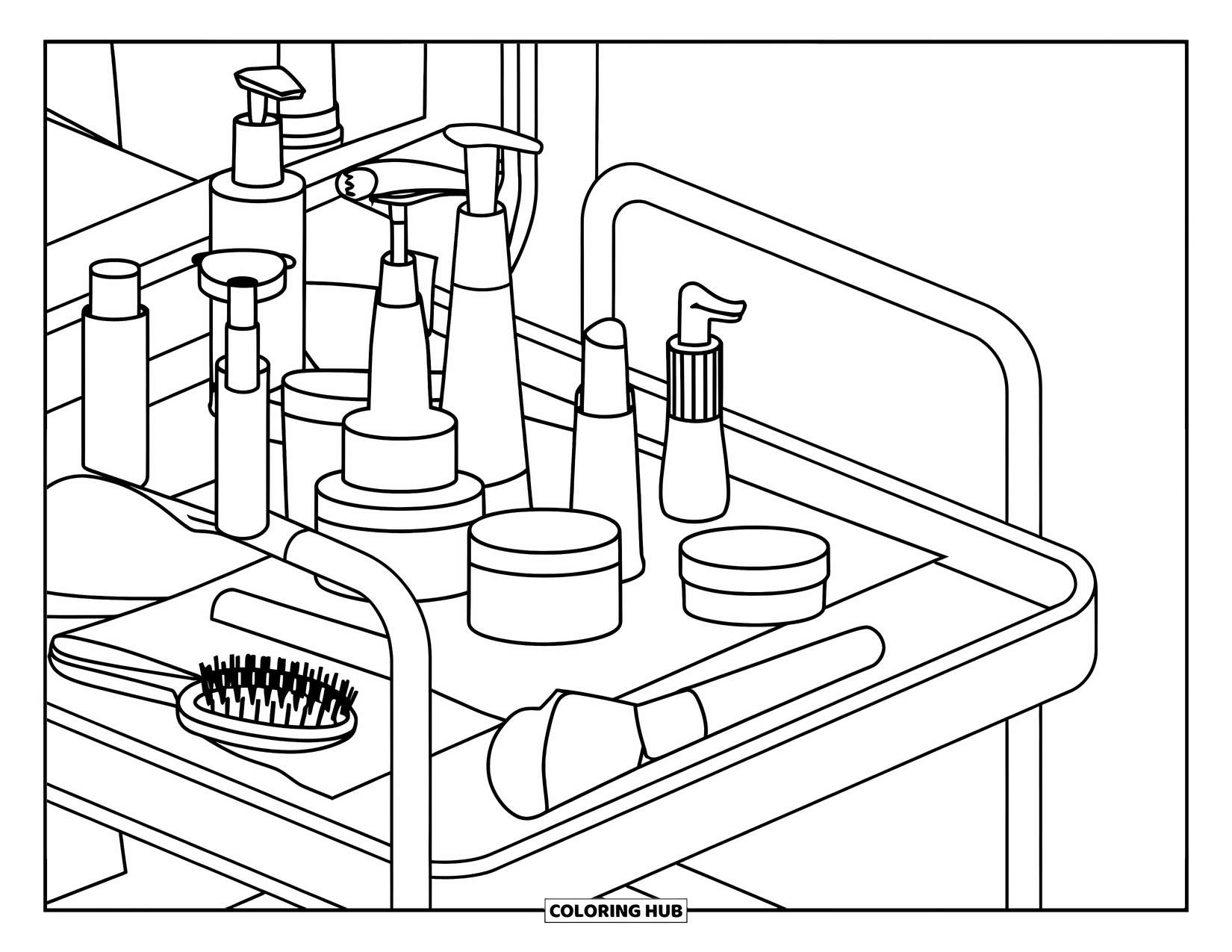 Preppy Skincare Coloring Page for Kids: A skincare cart with rollers, jars, and cute cosmetic tools