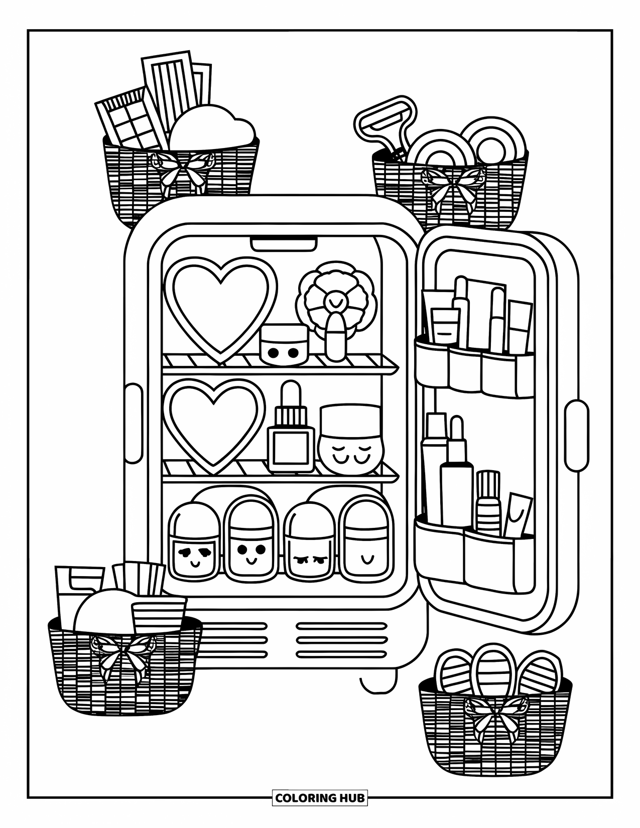 Preppy Skincare Coloring Page for Kids: A skincare fridge open to reveal organized bottles and beauty treats