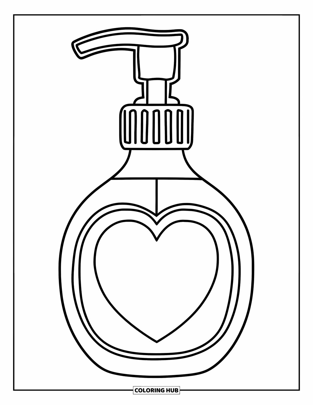 Preppy Skincare Coloring Page for Kids: A skincare pump bottle with a heart label and preppy charm