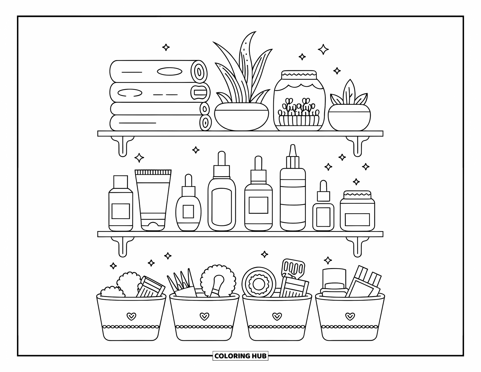 Preppy Skincare Coloring Page for Kids: A skincare shelf full of jars, towels, and cute baskets with sparkly labels