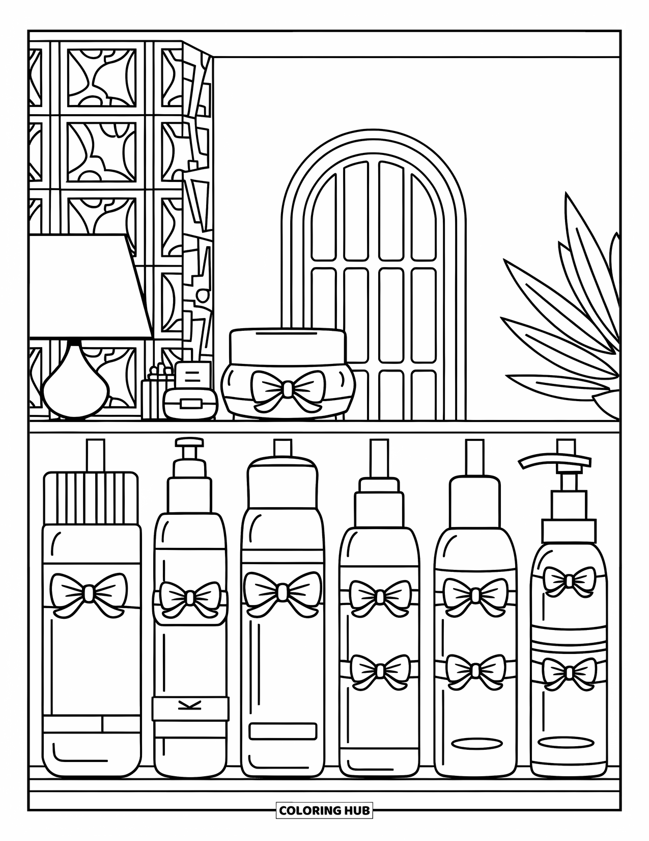 Preppy Skincare Coloring Page for Kids: A skincare shelf with neat bottles and cute bow labels