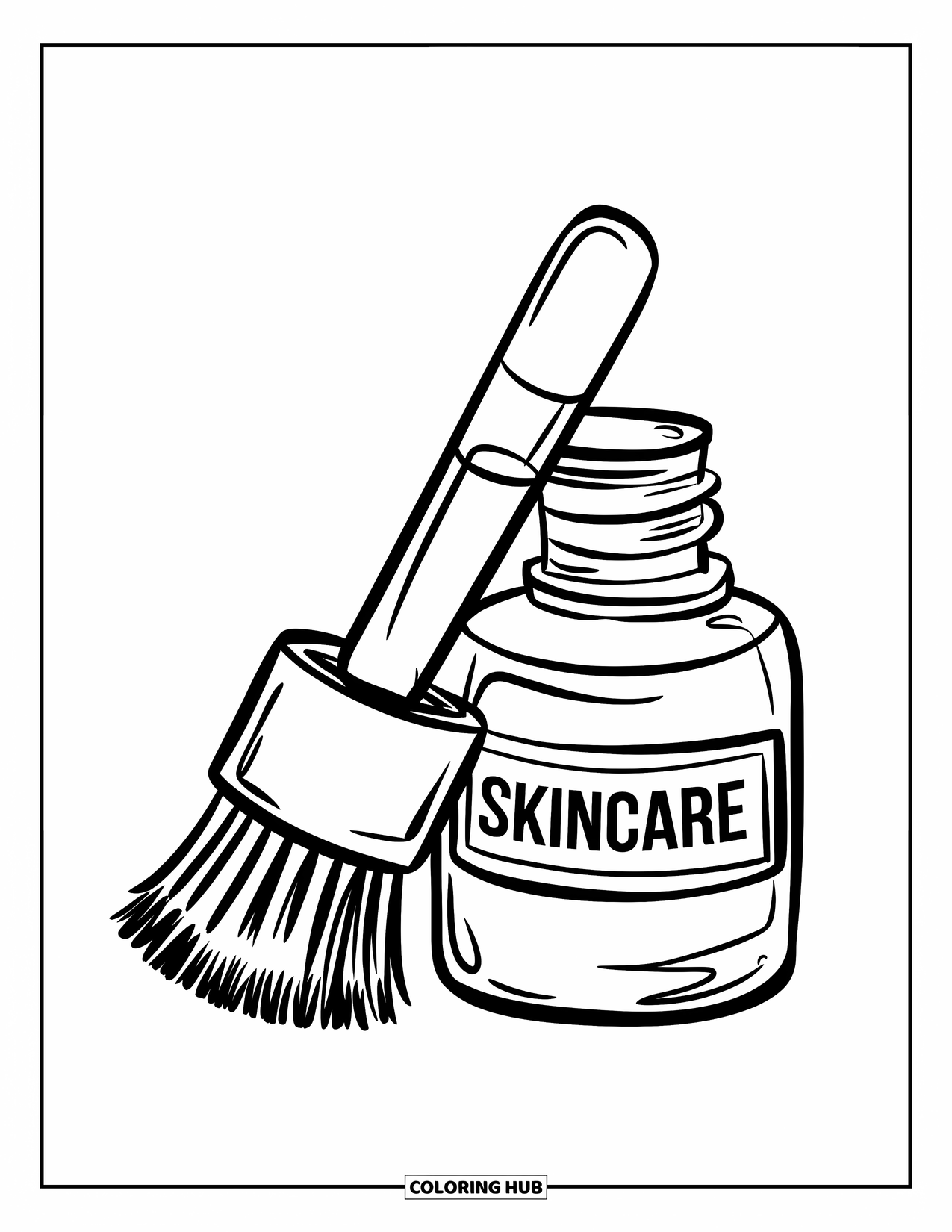 Preppy Skincare Coloring Page for Kids: A smiling dropper bottle stands beside a tiny skincare brush