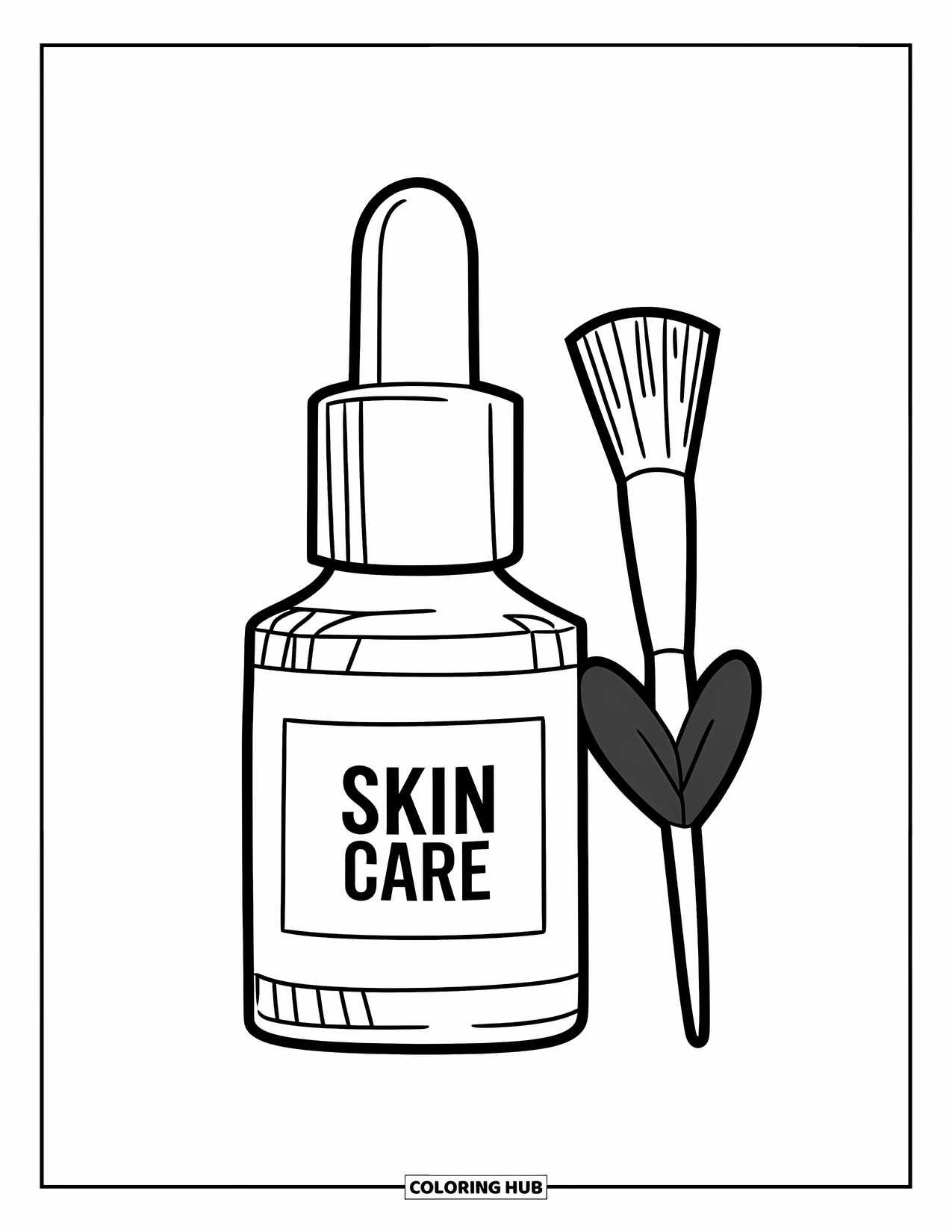 Preppy Skincare Coloring Page for Kids: A smiling skincare dropper bottle beside a tiny brush