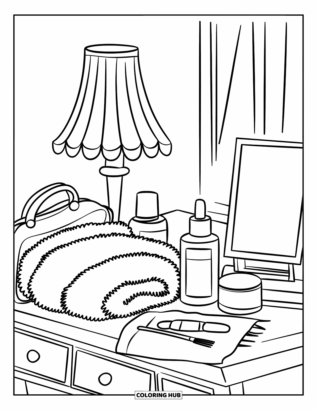 Preppy Skincare Coloring Page for Kids: A soft vanity setting with bottles, a towel, and a small bag