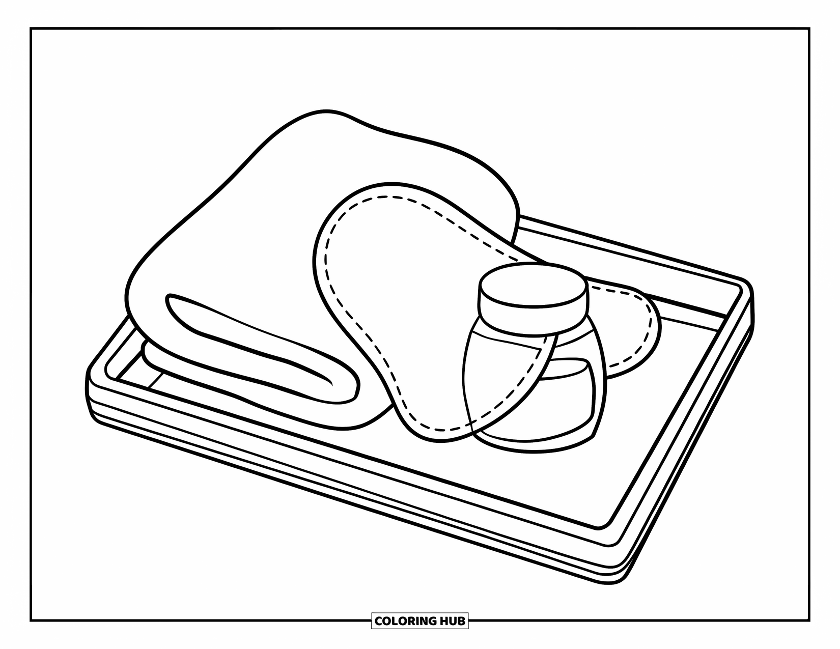 Preppy Skincare Coloring Page for Kids: A spa tray with towels, eye patches, and a small jar for relaxation