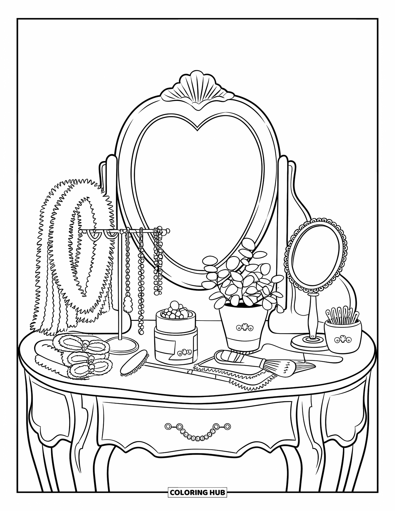 Preppy Skincare Coloring Page for Kids: A sweet vanity setup with skincare, towels, plants, and pretty tools