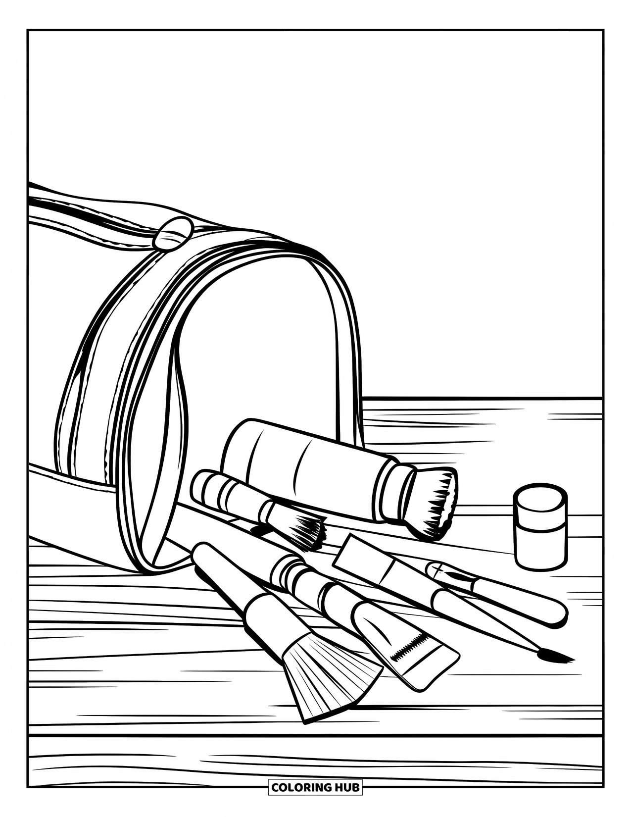 Preppy Skincare Coloring Page for Kids: A toiletry bag spills out skincare bottles, brushes, and little essentials