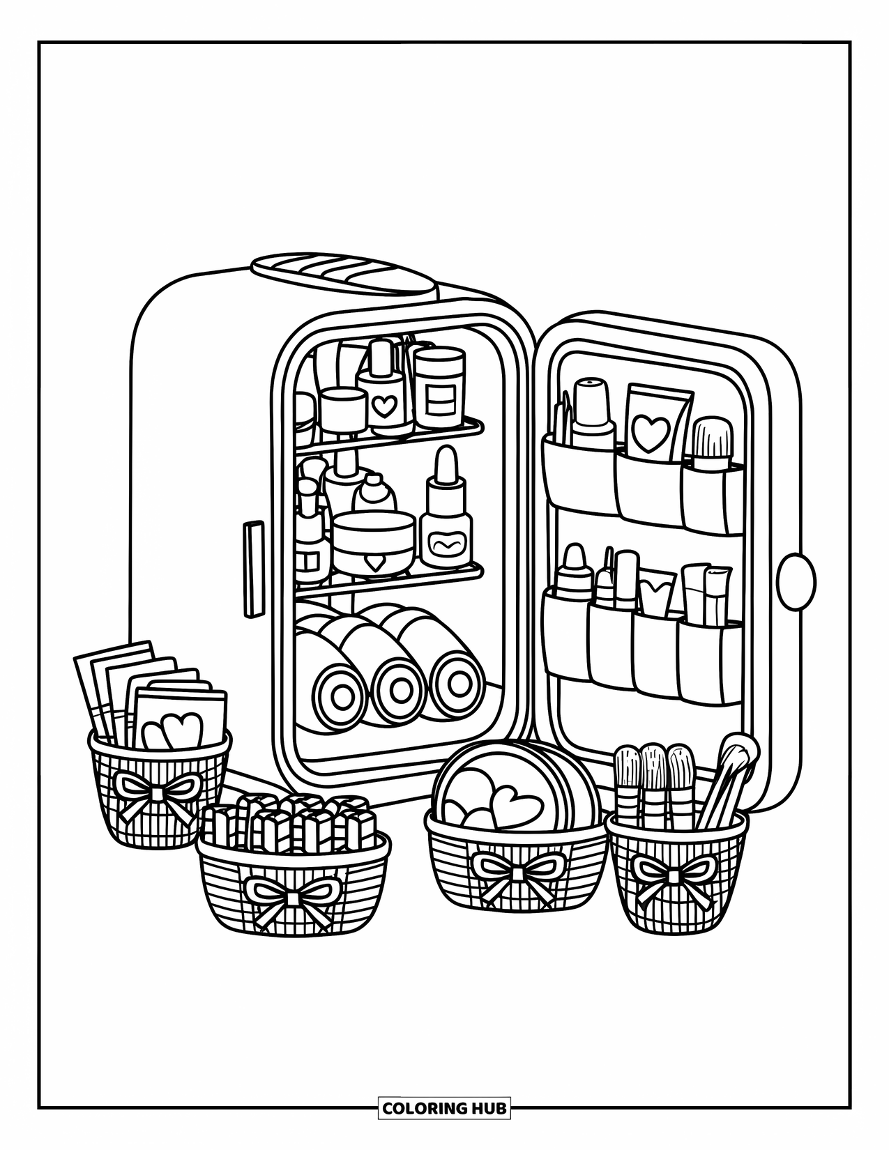 Preppy Skincare Coloring Page for Kids: An open mini skincare fridge filled with tiny bottles, masks, and creams