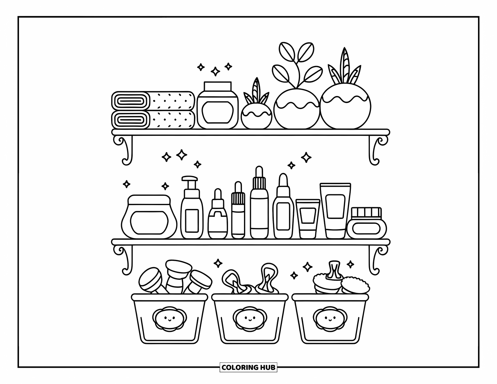 Preppy Skincare Coloring Page for Kids: Bathroom shelves lined with folded towels, serums, and sweet decor