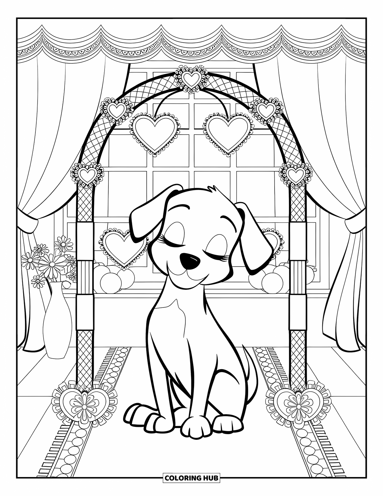 Puppy Valentines Day Coloring Page for Adults: A calm puppy rests under a floral lace arch with curtains and flowers