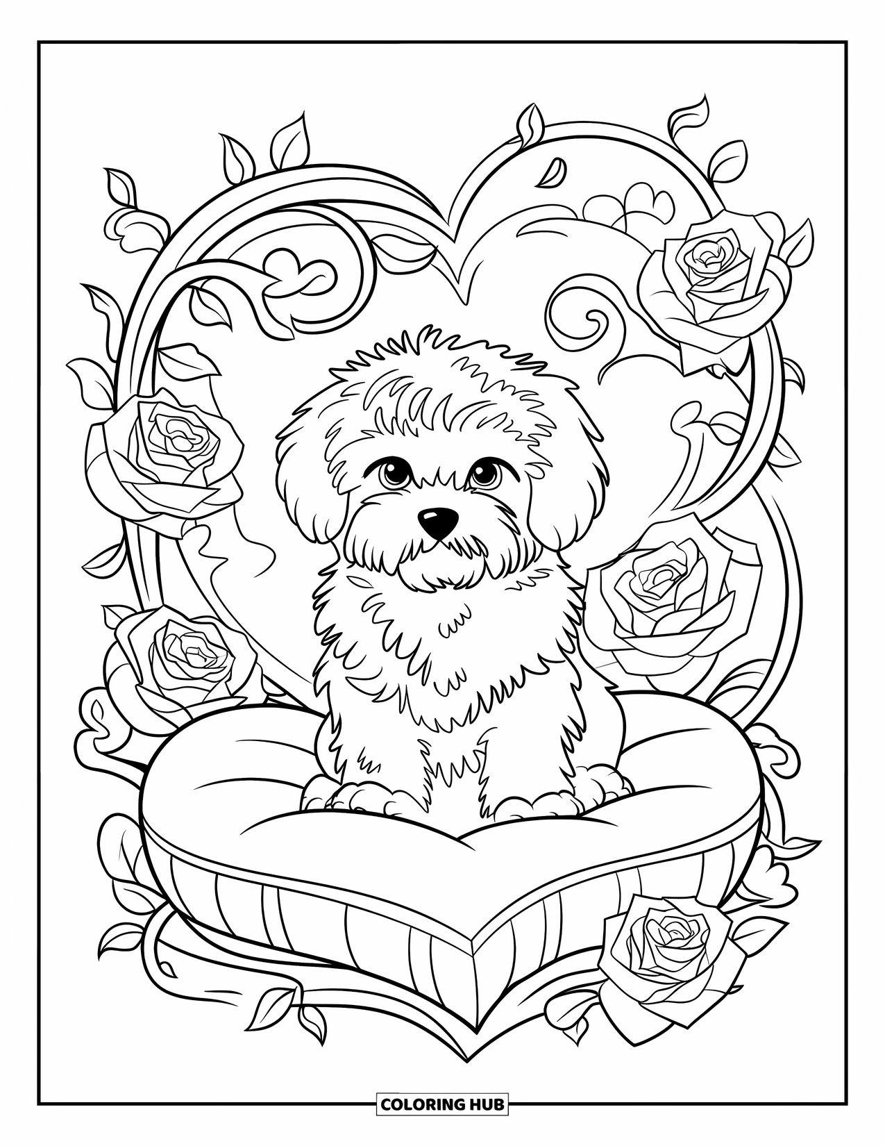 Puppy Valentines Day Coloring Page for Adults: A cute puppy sits on a cushion among swirling roses and hearts