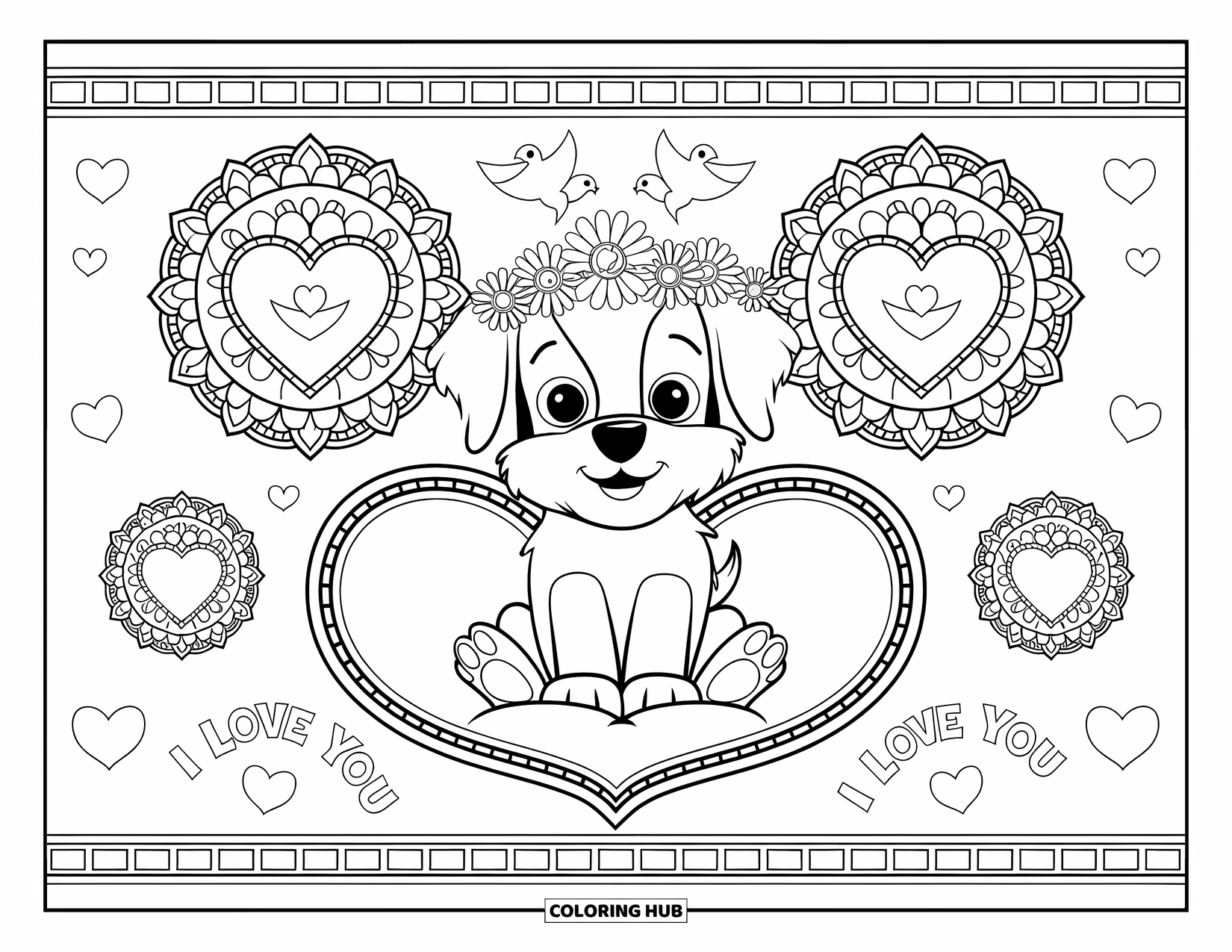 Puppy Valentines Day Coloring Page for Adults: A flower-crowned puppy rests on a pillow with hearts and doves around