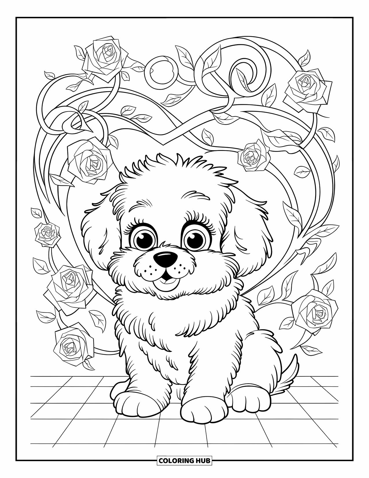 Puppy Valentines Day Coloring Page for Adults: A fluffy puppy on a checkered floor surrounded by roses and vines