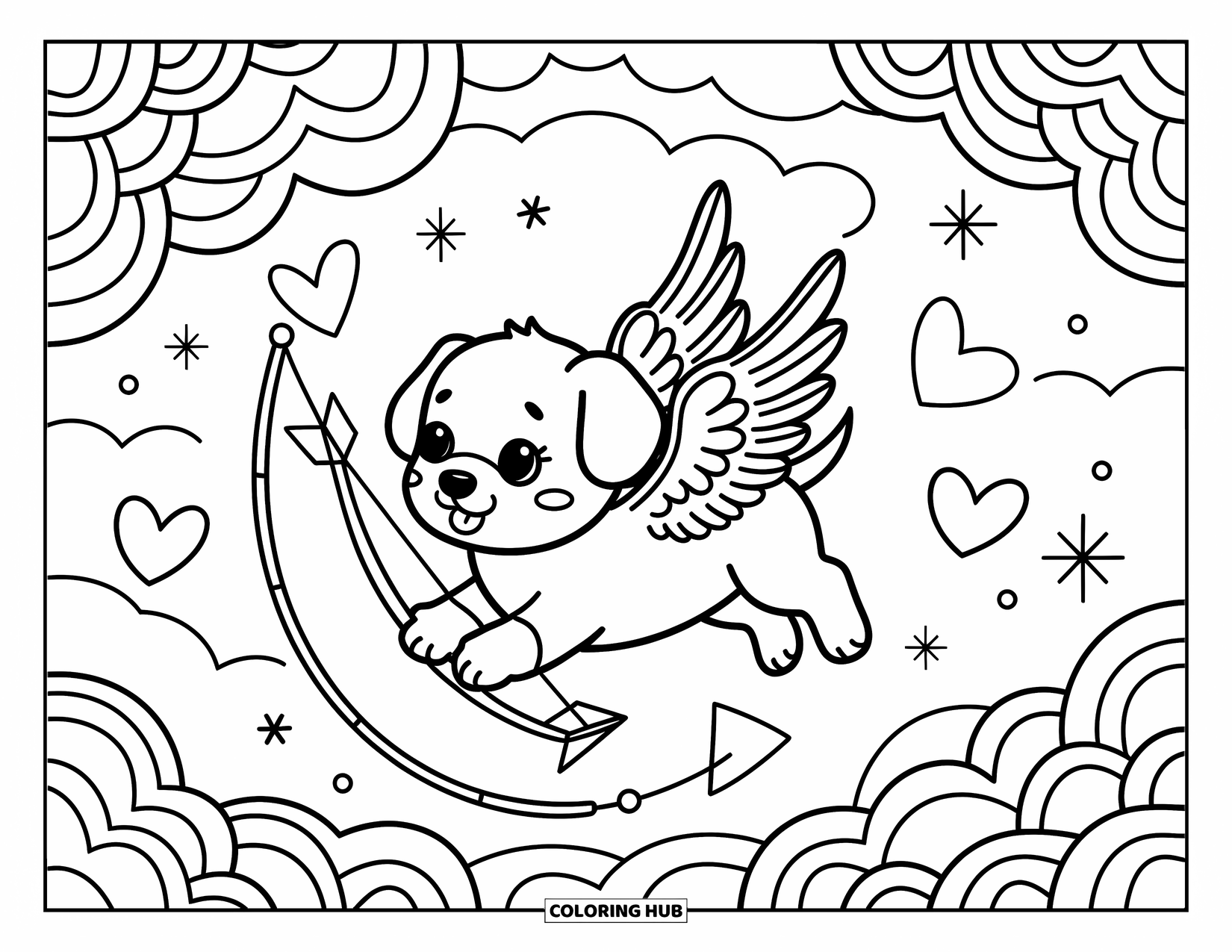 Puppy Valentines Day Coloring Page for Adults: A flying puppy with wings aims a heart arrow into the sky