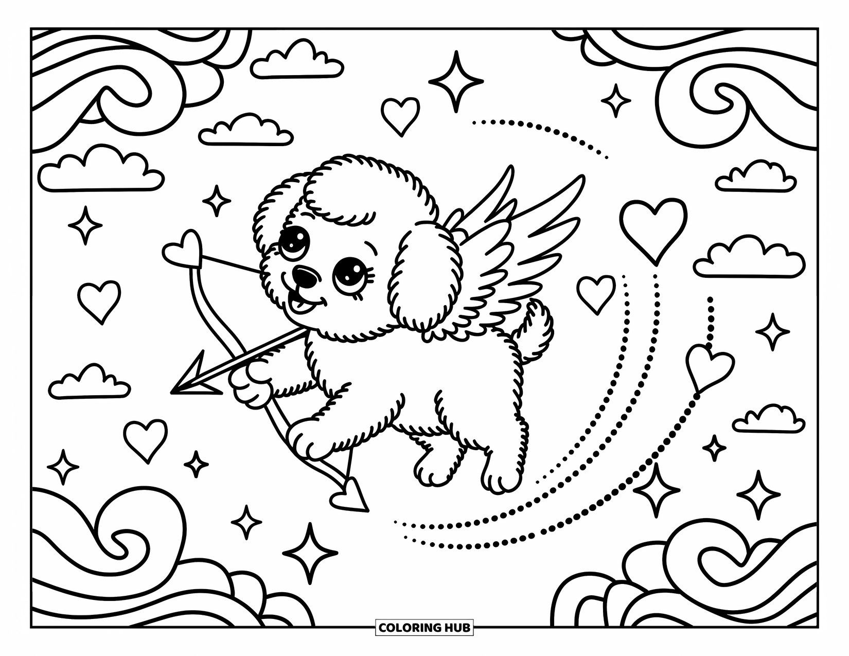 Puppy Valentines Day Coloring Page for Adults: A puppy angel floats among clouds holding a heart-shaped bow