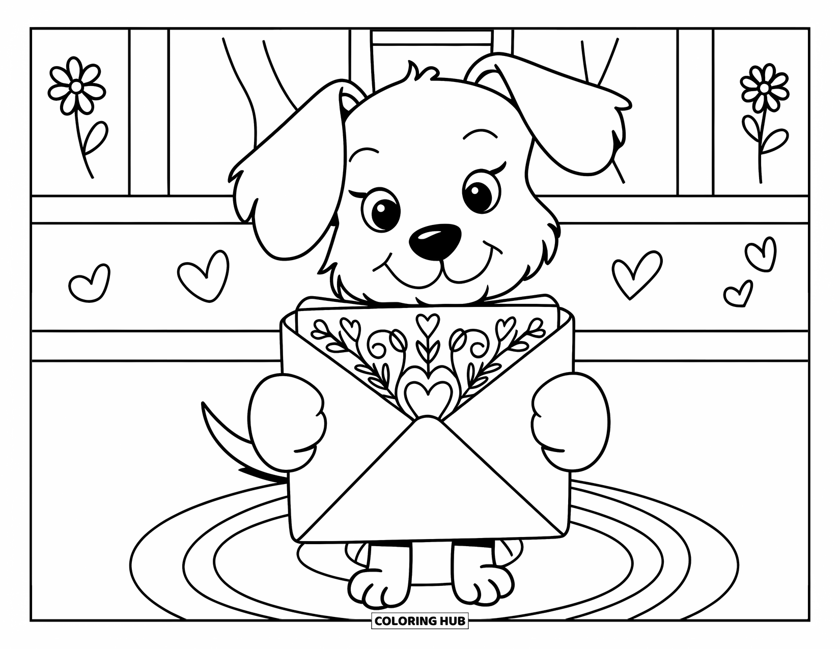 Puppy Valentines Day Coloring Page for Adults: A puppy holding a floral envelope sits in a cozy room with hearts