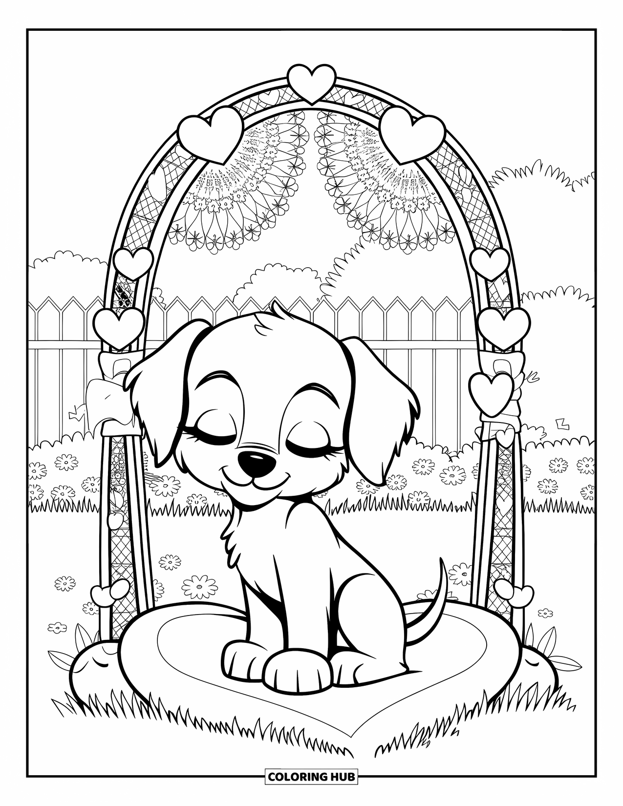Puppy Valentines Day Coloring Page for Adults: A puppy leans on a heart arch surrounded by flowers and fences